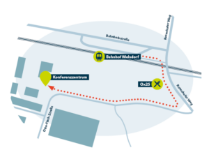 Die Karte zeigt einen Fußweg (gestrichelte rote Linie) vom Bahnhof Melsdorf zum Konferenzzentrum